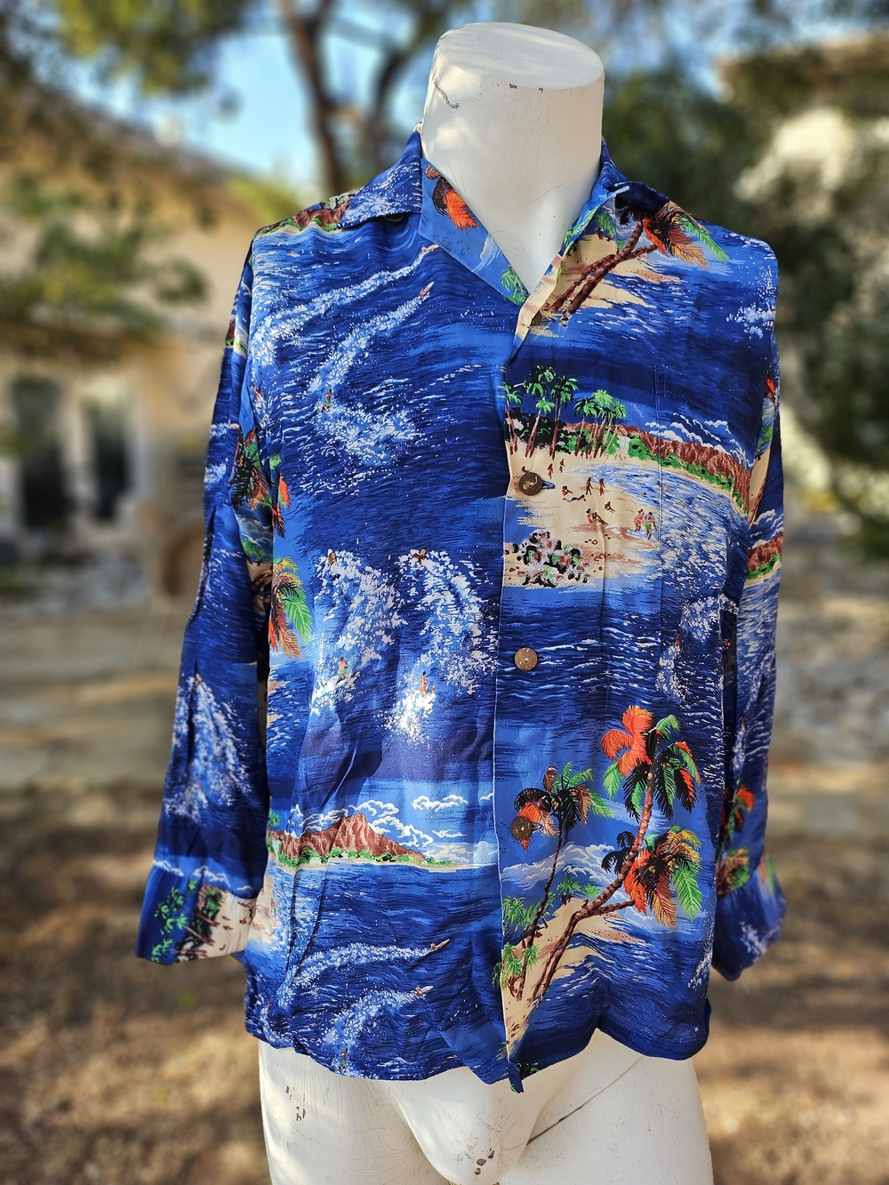 Vintage Liberty House Men's Blue Tropical-Print Lightweight Long Sleeve Shirt M